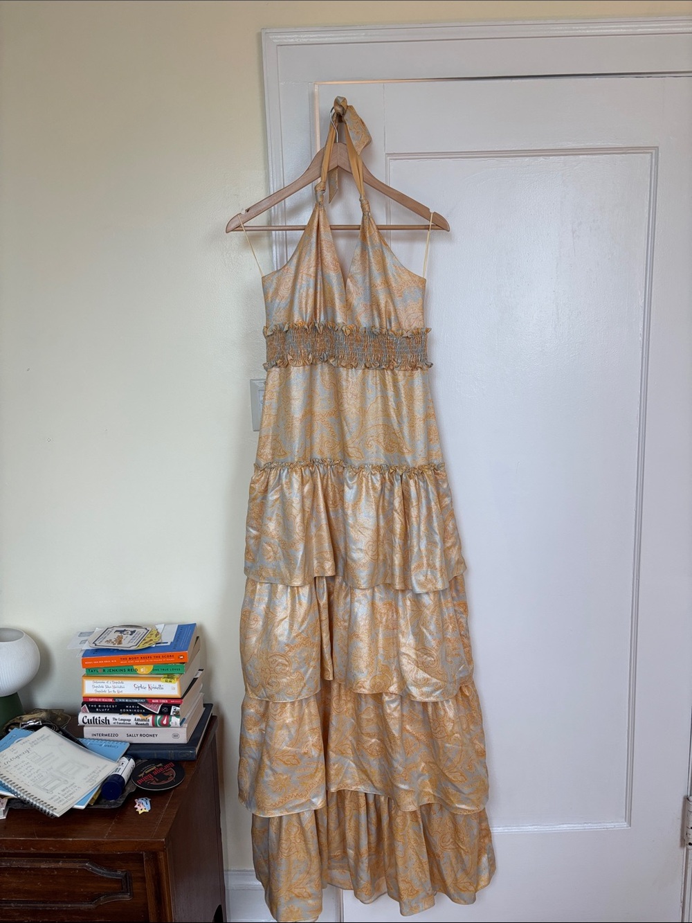Likely Halter Tiered Maxi Dress in Gold and Cream